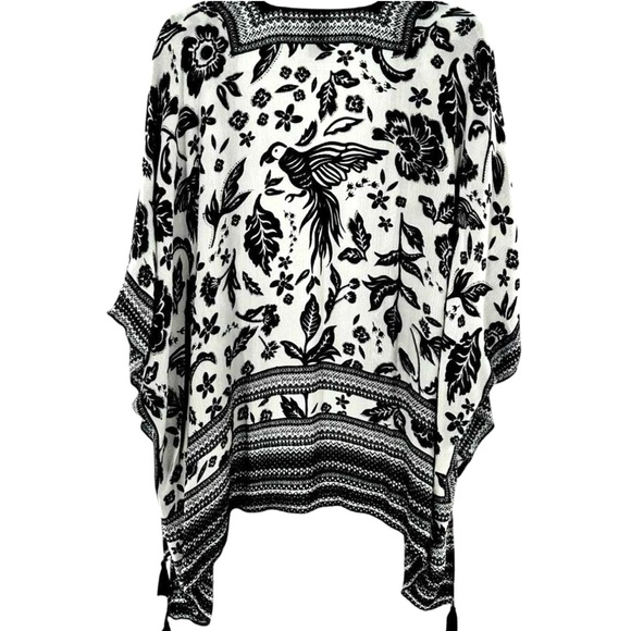 Vince Camuto Bird Floral Kimono Fringe Black and White One Size Stunning 🕊️🖤🤍 - Picture 2 of 5